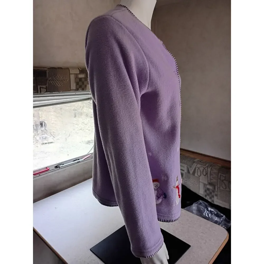Vintage Snowman Fleece Cardigan M Lilac Purple Embroidered Christmas Cozycore